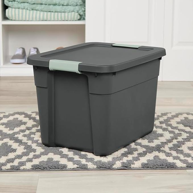 Sterilite 12 Pack Latch Tote, Stackable Plastic Storage Container, 12 Gallon, Gray/Green