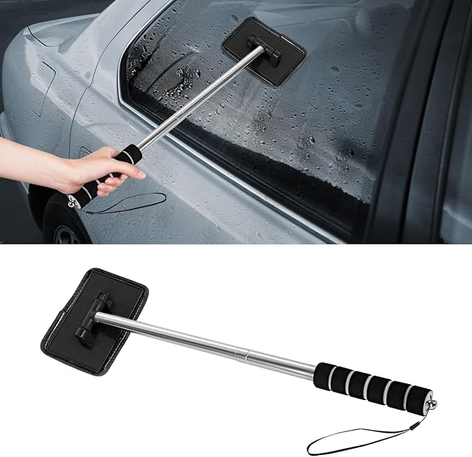 Car Windshield Cleaning Tool, Car Windshield Window Cleaner, Auto Glass Wiper Tool with Extendable Handle & Reusable Microfiber Pad, Universal Vehicle Cleaning Car Accessories (Black)