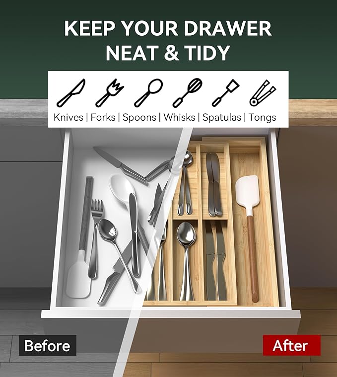 Expandable Silverware Organizer, Utensil Drawer Organizer & Cutlery Tray Dividers for Spoons Forks Knives (10 Slot,Natural Bamboo), 10.6”-16:Wx16.7”Dx1.97”H