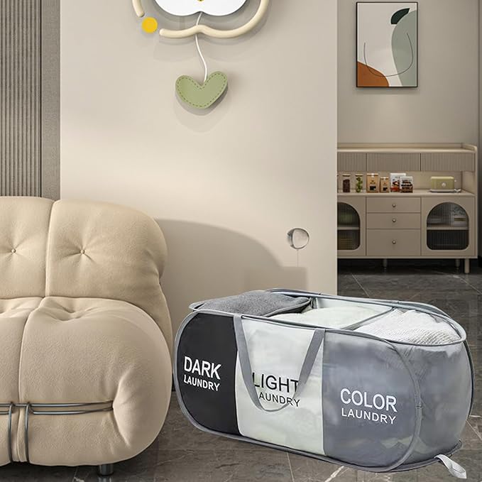 Foldable Pop Up Laundry Hamper, 3 Compartment Laundry Basket Collapsible, Easy to Sort Clothes Hampers for Laundry Room, Dorm Room Essential