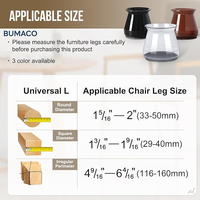 BUMACO Chair Leg Floor Protectors Chair Leg Protectors for Hardwood Floors Silicone Pads Covers to Protect Floors (Black-20 Pcs, Universal L (1-5/16"~2")