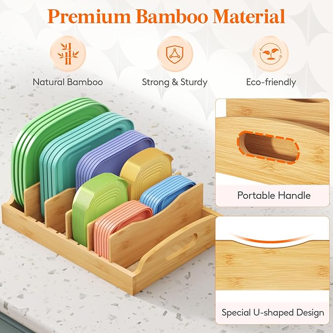 Lifewit Bamboo Lid Organizers for Inside Cabinet, Food Storage Container Lid Holder with 5 adjustable Inserts & 6 Compartments, Lid Storage for Kitchen Pantry Organization, 13.2" X 10"