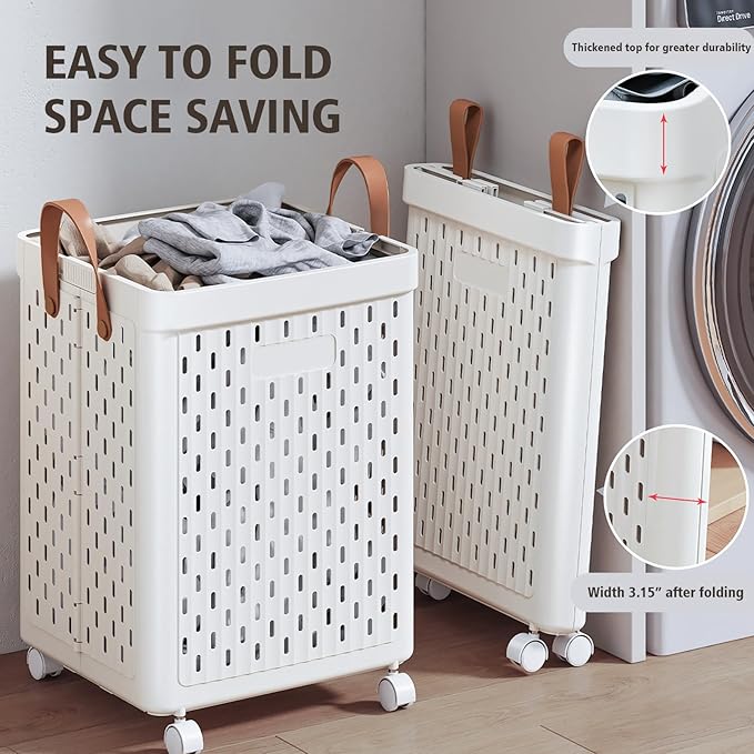 UAK 67L Plastic Laundry Basket with Wheels & Handle, Heavy Duty Foldable Laundry Hamper – Easy Clean Waterproof Rolling Organizer for Bathroom & Laundry Room, White