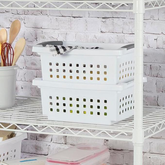 Sterilite Small Plastic Stacking Storage Basket Container Totes w/Comfort Grip Handles and Flip Down Rails for Household Organization, 8 Pack, White