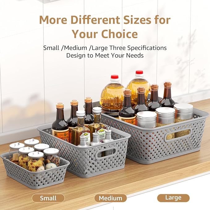 MaxGear Organization and Storage 3 Packs, Plastic Bins Organizer Bins, Woven Baskets for Storage, Plastic Baskets with Handles, Grey Basket for Organizing, Basket Organizer for Home and Office, Medium