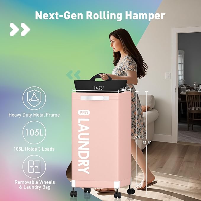 Caroeas Next-Gen 105L Matel Frame Laundry Basket with wheels, Heavy Duty Tall Rolling Laundry Hamper with Removable Wash Bag, Collapsible Freestanding Clothes Hamper For Laundry Room (105L,Pink,1Pack)