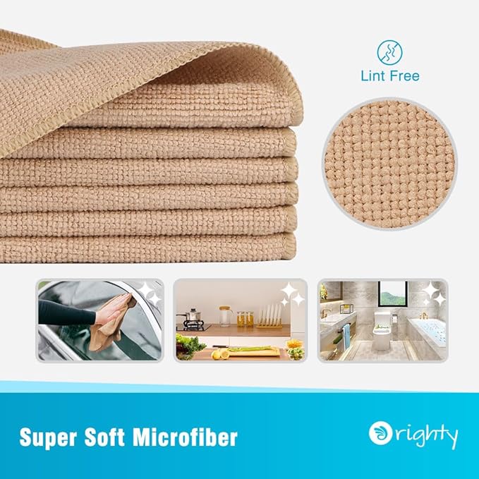 Orighty Microfiber Cleaning Cloth, 12 Pack Microfiber Towels for Cars, Highly Absorbent Car Cleaning Supplies, Lint Free Cloths Clean Rags for Car Care, House, Kitchen, 12x12 inch, Brown
