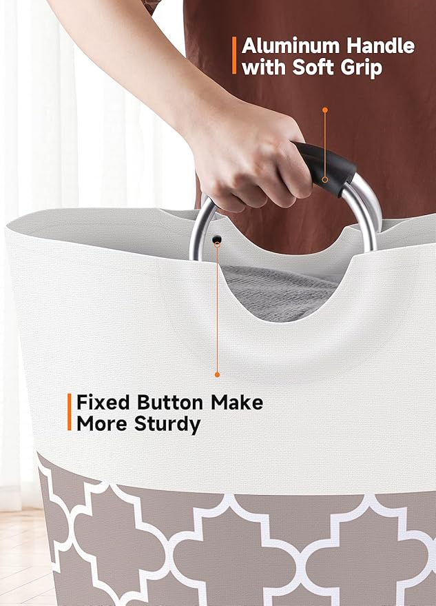 Large Laundry Basket Laundry Hamper Bag Washing Bin Clothes Bag Collapsible Tall With Handles Waterproof Travel Bathroom College Essentials Storage For College Dorm, Family (Khaki)75L