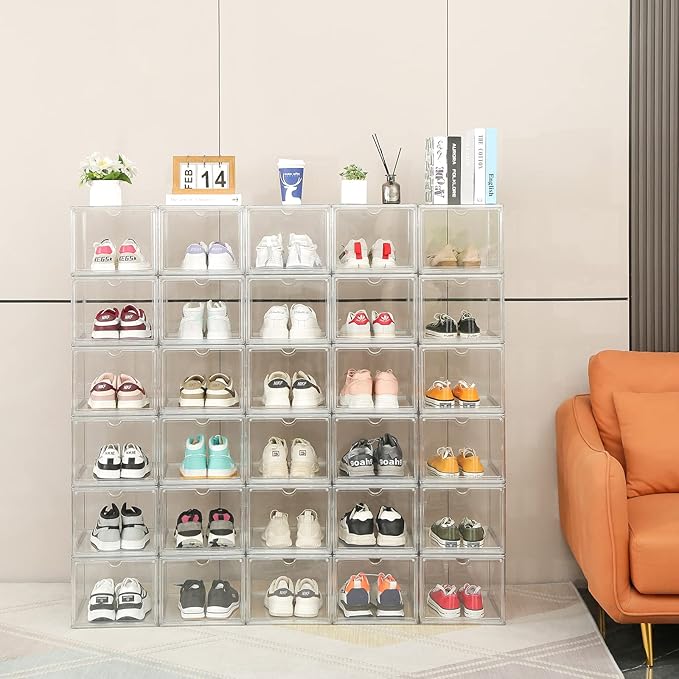 Clear Shoe Storage Boxes Stackable, Display Case With Magnetic Door, 4 Pack Acrylic, Plastic Shoe Boxes With Lids, Sneaker Storage