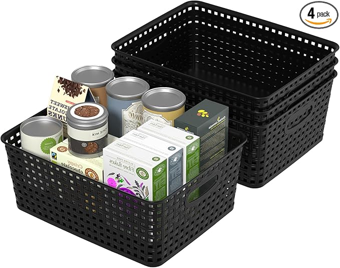 Plastic Weave Storage Basket, Woven Plastic Storage Baskets, Medium Black, 4 Packs
