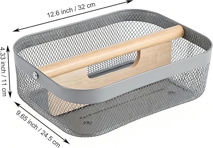 Metal Mesh Steel Storage Basket, Garden Harvest Wire Organizer Basket Multi-functional Kitchen Fruit Basket with Wooden Removable Partition & Handle for Bathroom Picnic Decor Cabinet, Grey