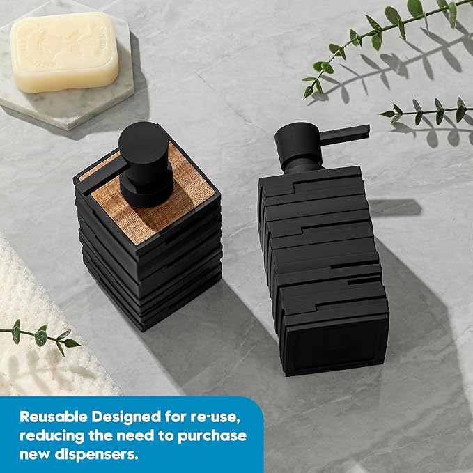 Matte Black Teak Wood Hand Soap Dispenser 10 oz Square for Bathroom and Kitchen Countertops