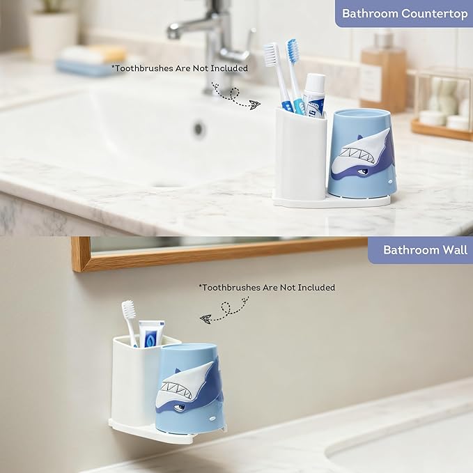 Lily's Home Kids Toothbrush Holder - 3D Shark Tumbler & Organizer Set - Fun Bathroom Storage Decor - Blue/White Design - Kids Bathroom Accessories - Space-Saving Holder for Toothbrush/Toothpaste