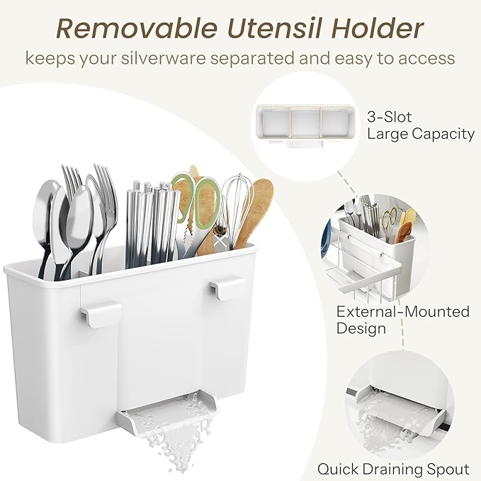 SNTD Dish Drying Rack - Small Dish Rack for Kitchen Counter, Stainless Steel Dish Drainer with Utensil Holder and Drainboard, 11" W x 15" L (White)