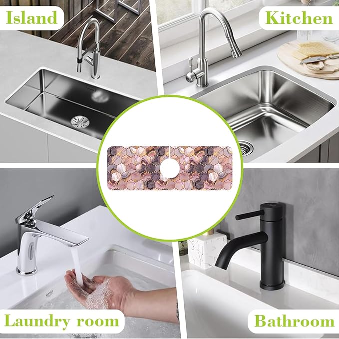 Sink Faucet Absorbing Mat Gold Pink Hexagon Texture Sink Splash Guard Drying Mat for Kitchen Bathroom Faucet Sinkmat 15.5"X5.5"