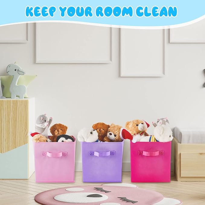 Yinder 12 Pcs Cube Storage Bin 11'' Storage Bins for Room Decor Colorful Bins Foldable Baskets for Nursery Organizer Boxes Fabric Boxes (Sky Blue, Purple, Pink, Rose)