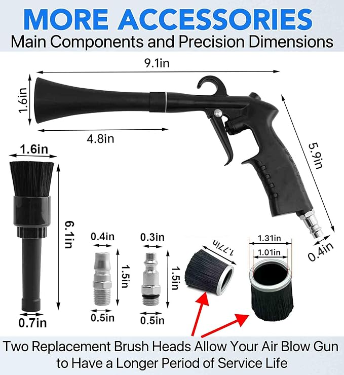 Car Cleaning Gun,High Pressure Air Blow Gun,Fast Interior Dryer Car Detailing Kit,Car Detailing Tools for Quickly Blowing Dust and Dirt Away Working with Compressed Air(2 MORE REPLACEMENT BRUSH HEADS)