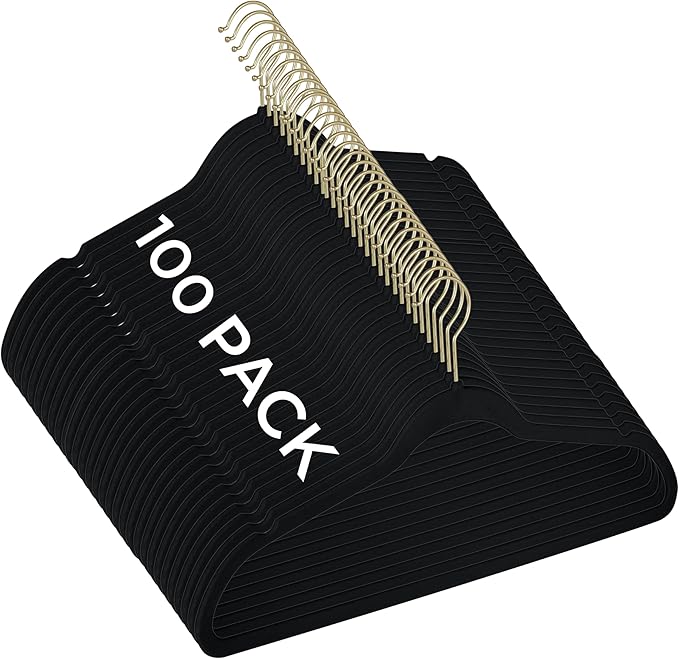 Simplify Slim Velvet Gold Hook Clothes Hangers 100 Pack | Non-Slip | Shirts | Suit | Pants | Dresses | Garments | Closet Storage & Organization | Durable | Black