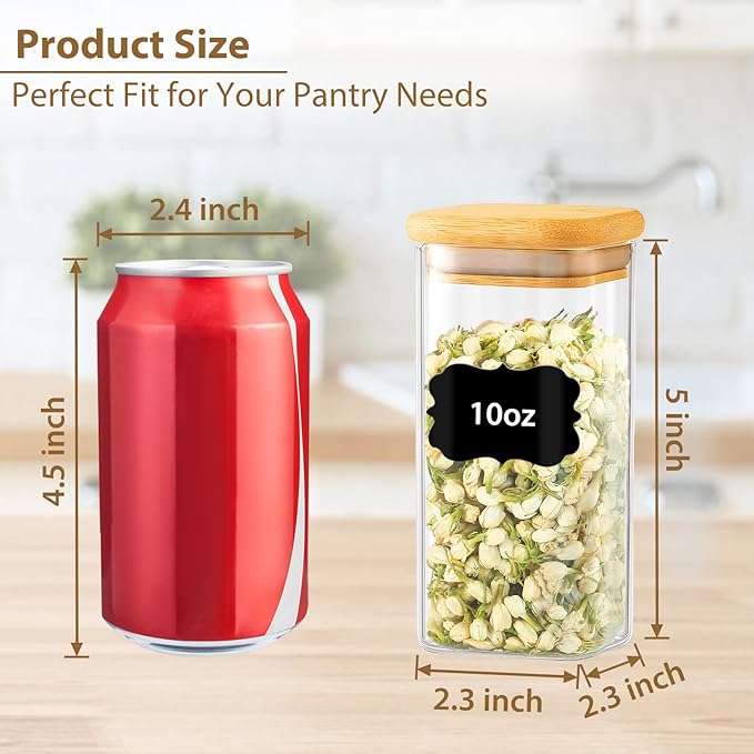20 Pack 10 oz Square Glass Spice Jars with Lids and Labels – Airtight Small Spice Containers Set, Clear Glass Storage Jars for Seasoning, Spices, Kitchen Pantry Organization