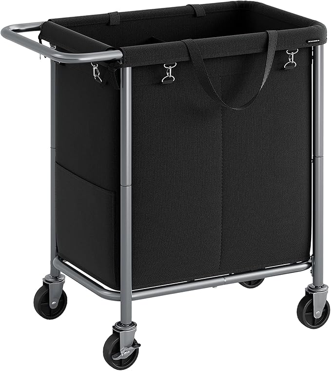 SONGMICS Laundry Basket with Wheels, 2-Section Rolling Laundry Hamper, 37 Gallons (140 L), Removable Liner, Steel Frame with Handle, 27.2 x 15.4 x 31.9 Inches, Ink Black URLS004B01