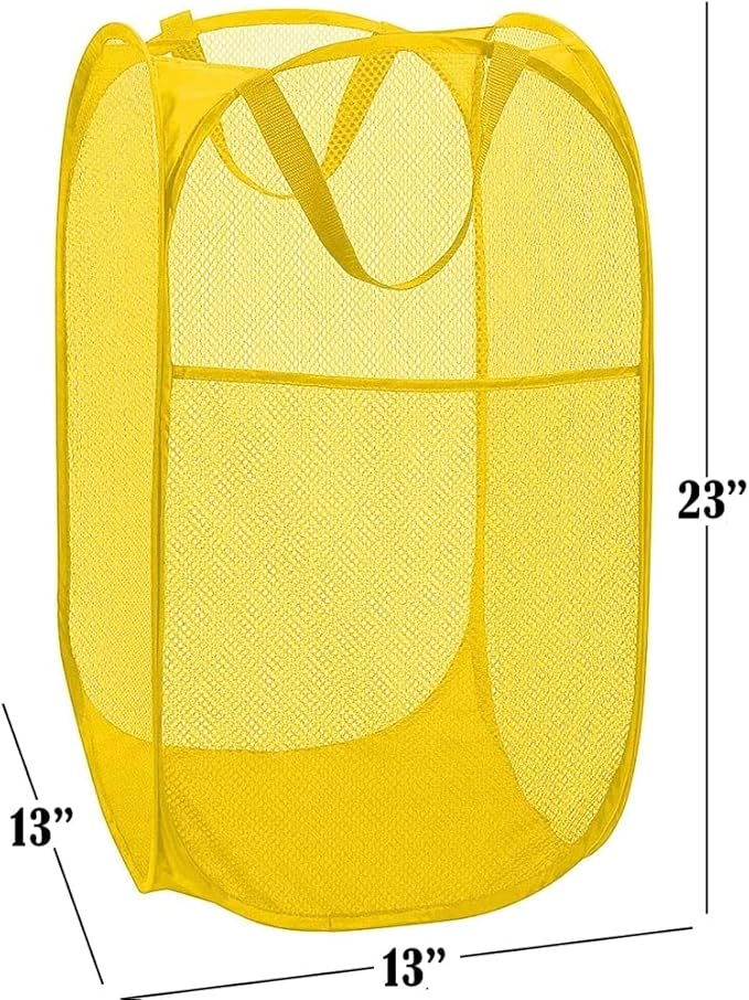 BATTOO Deluxe Strong Mesh Pop up Laundry Hamper Basket with Side Pocket for Laundry Room, Bathroom, Kids Room, College Dorm or Travel Yellow