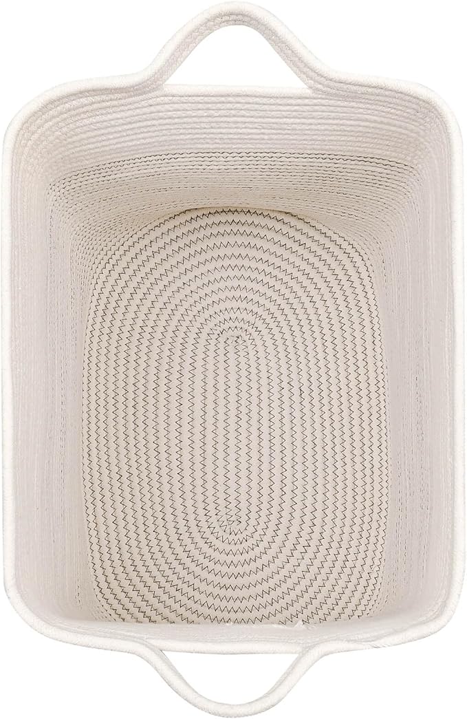 Storage Baskets for Clothes Fabric Cotton Rope Storage Basket with Handles, Decorative Woven Basket for Living Room,Closet Organizer Blankets, and 2bags (White/Black Line, L16×W11.4×H15.9)