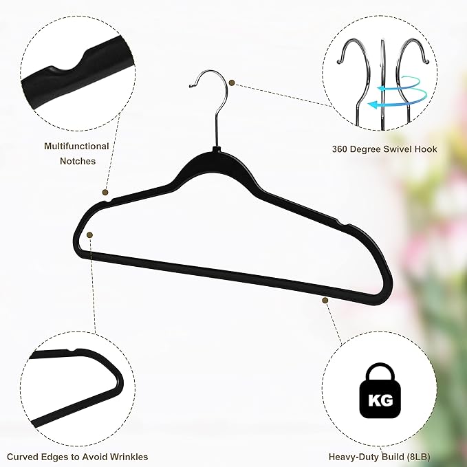 Quality Hangers 50 Pack Slim Plastic Hangers for Clothes - 16.5" Won't Crease Your Clothes, Heavy Duty Non-Velvet Black Hangers 360° Swivel Chrome Hook Non Slip Notches Dresses Coats Shirts Jackets