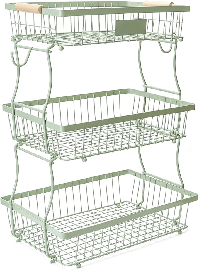 3 Tier Fruit Basket with 2 Banana Hangers, Countertop Fruit Vegetable Stand Produce Holder Organizer for Onion Potato Bread Snack Veggie Green