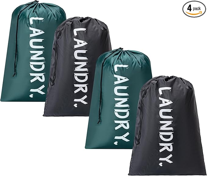 4 Pack XL Travel Laundry Bag, Machine Washable Dirty Clothes Organizer with Drawstring,Large Enough to Hold 4 Loads of Laundry, Easy Fit a Laundry Hamper or Basket Travel Essentials 24" x 36"
