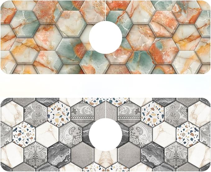 2 Pack Hexagon Marble Sink Splash Guard Faucet Mat Gold Glitter Lines Marble Super Absorbent Fast Drying Mat Sink Gadgets-Splash Guard Behind Faucet Drip Catcher for Kitchen Bathroom, 15.5"x5.5"