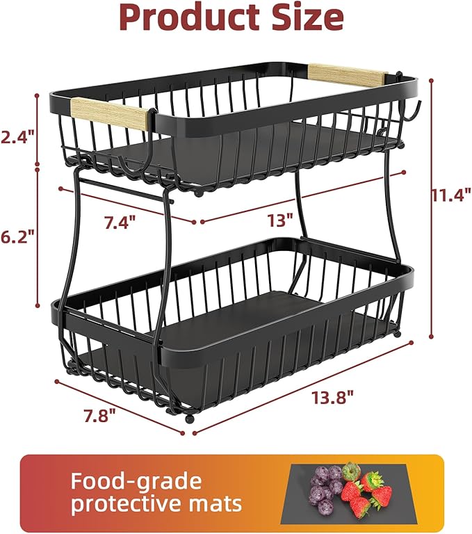 2 Tier Large Fruit Basket for Kitchen Counter with 2 Mobile Banana Hangers, 2026 Pro Detachable Metal Fruit Bowl with Wooden Handle, Fruit Holder for Bread Snack Veggies with Protective Mats