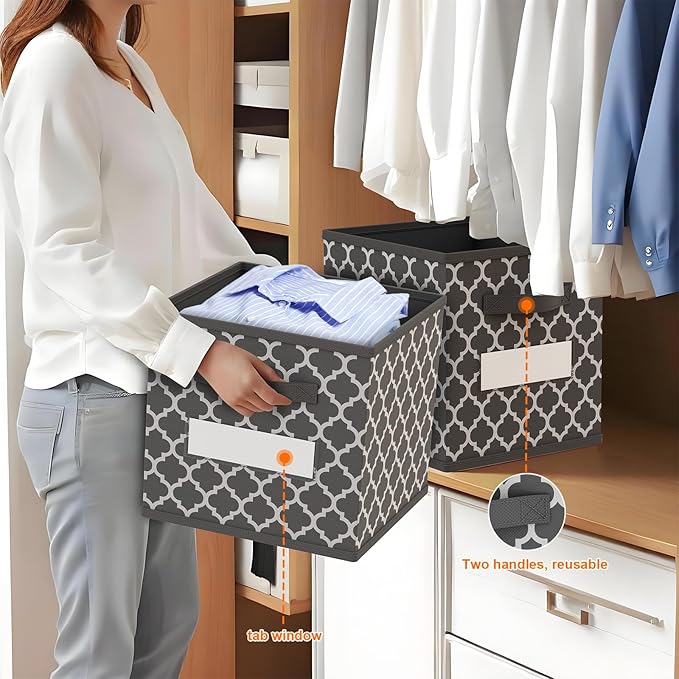 homyfort Cube Storage Organizer Bins - Fabric Storage Cubes Bin Foldable Baskets Square Box for Shelf, Nursery, Cabinet, Clothes, Toys, Set of 6 (Grey2, 13 inch-4Pack)