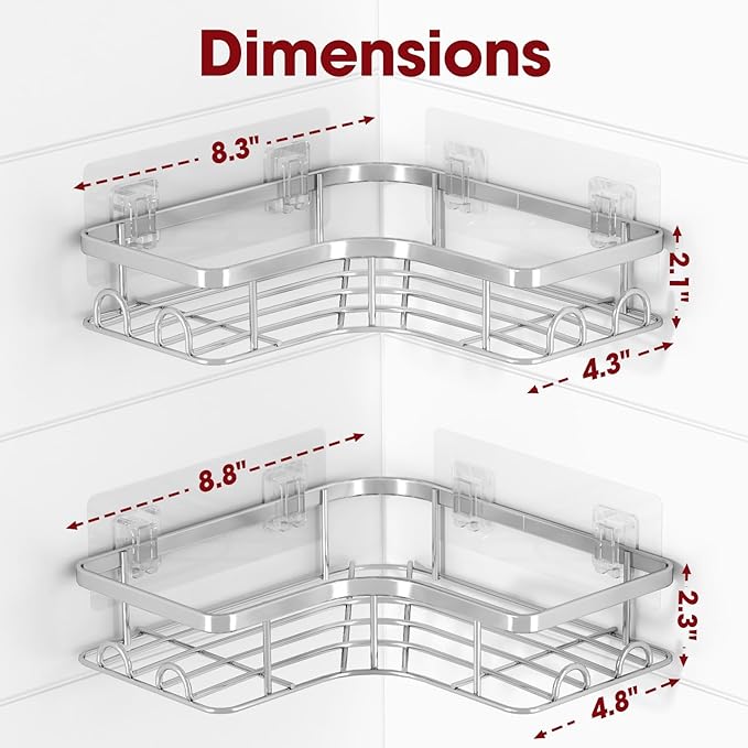 Corner Shower Caddy - 2 Pack, Adhesive Shower Organizers, Rustproof Stainless Steel Shower Shelves with 8 Hooks, No Drilling Bathroom Organizers and Storage Racks, Space-Saving, Silver, Large