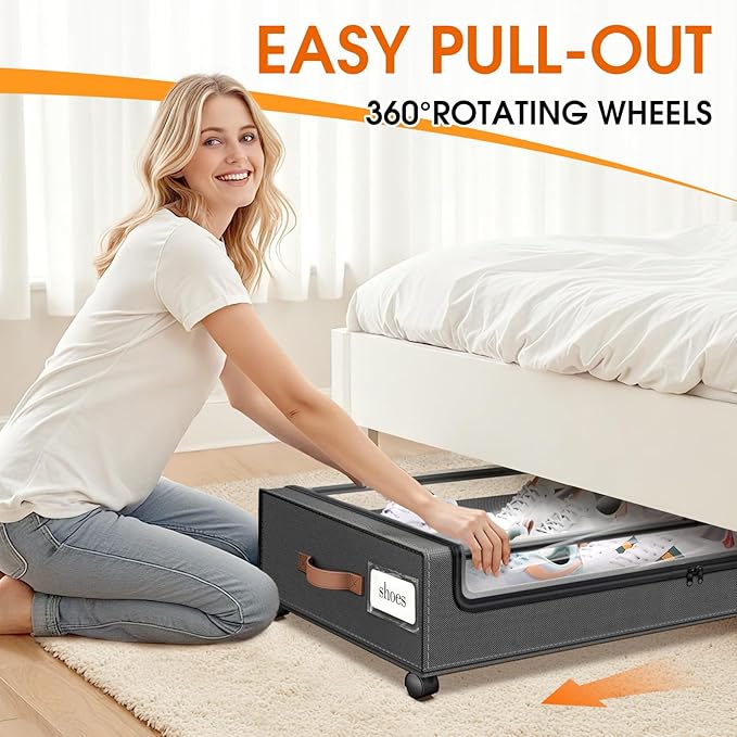 Under Bed Storage with Wheels 3Pack Storage Containers with Clear Window&Label Under Bed Drawers Rolling Under Bed Storage for Clothes,Shoes, Blankets (30.71 x 16.93 x 6.69 in, Dark Grey)