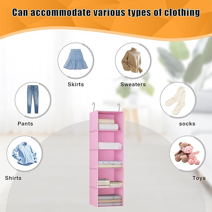 Hanging Closet Organizer, Easy Mount Foldable 5-Shelf Hanging Closet Wardrobe Storage Shelves, Clothes Handbag Shoes Accessories Storage, Washable Oxford Cloth Fabric, Pink