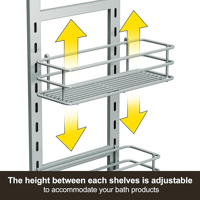 Orimade 4 Tier Adjustable Anti-slip Shower Caddy over Shower Head,Rustproof Bathroom Hanging shower Organizer with 4 Hooks for Razor,No Drilling Shower shelves Storage Rack, Light Grey