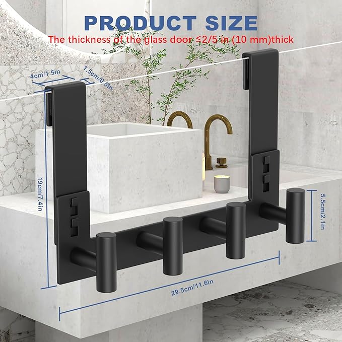 WUIVIUT Over The Glass Shower Door, Metal Shower Wall Mount Bath Hooks, Heavy Duty Rack Hooks for Robe, Towel (4 Hook, Fits 3/8'' Thick)