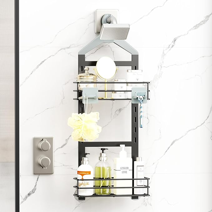 Orimade Adjustable Anti-slip Shower Caddy over Shower Head, Rustproof Bathroom Hanging Shower Organizer with 2 Hooks for Razor, No Drilling Shelves Storage Rack 2 Tier, Grey