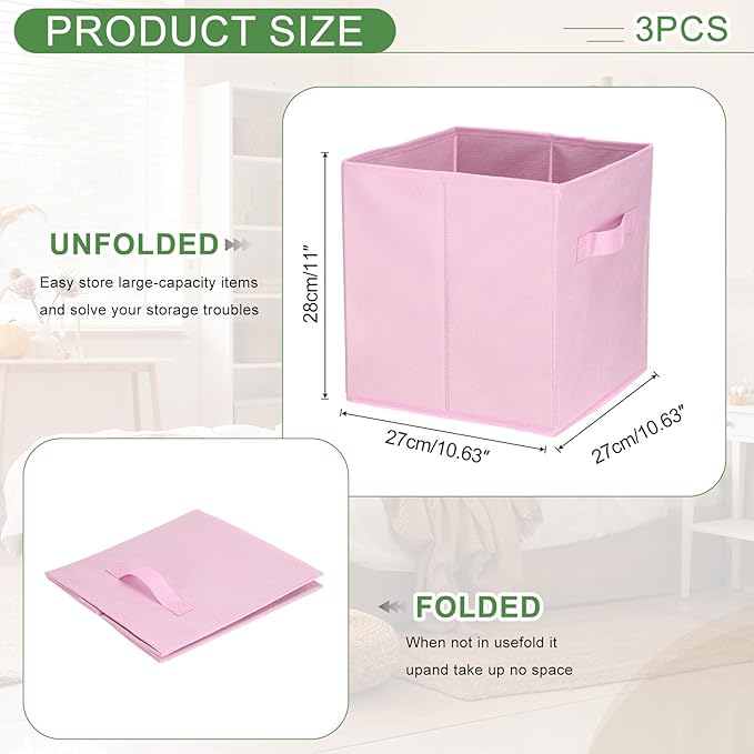 uxcell 3Pcs Fabric Storage Bins, 11 Inch Cube Storage Bin Foldable Storage Cube Organizer Bins with Handles for Shelf Closet, Nursery Home, Bedroom(Pink)