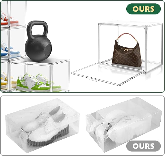 3 Pack X-Large Acrylic Shoe Display Case Size 14 Clear Stackable Handbag Organizer Sneaker Storage Box Shoe Contianers with Magnetic Door Purse Organizer for Closet