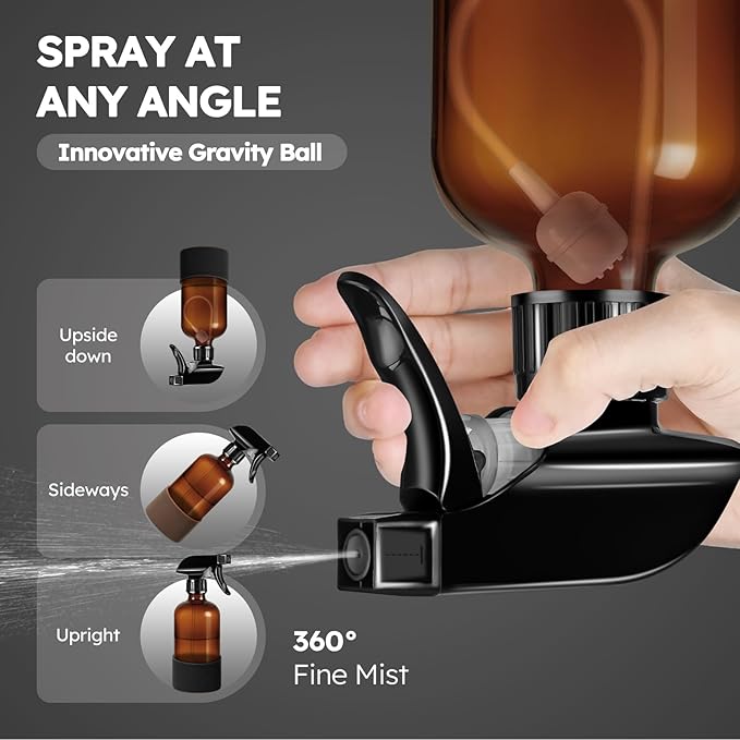 Tecohouse 2 Pack 360° Amber Glass Spray Bottles with Silicone Sleeve, 16 oz Empty Refillable Containers with Adjustable Spray Nozzles, Dark Spray Bottles for Cleaning Solutions, Plants (Black & Brown)