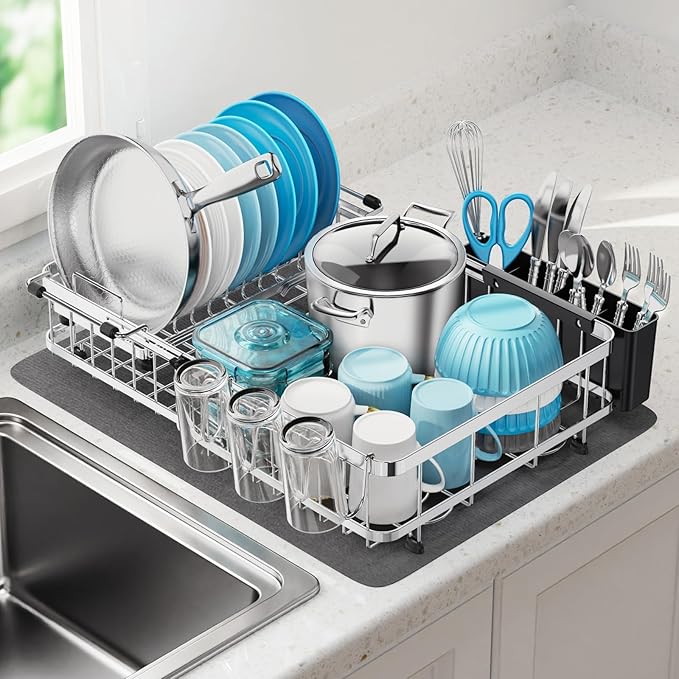 GSlife Large Capacity Expandable Dish Drying Rack with Absorbent Mat, 2-Piece Stainless Steel Dish Drainer Set for Counter with Removable Over Sink Rack, Family Size 16.5"-21.5" L x 15" W, Silver