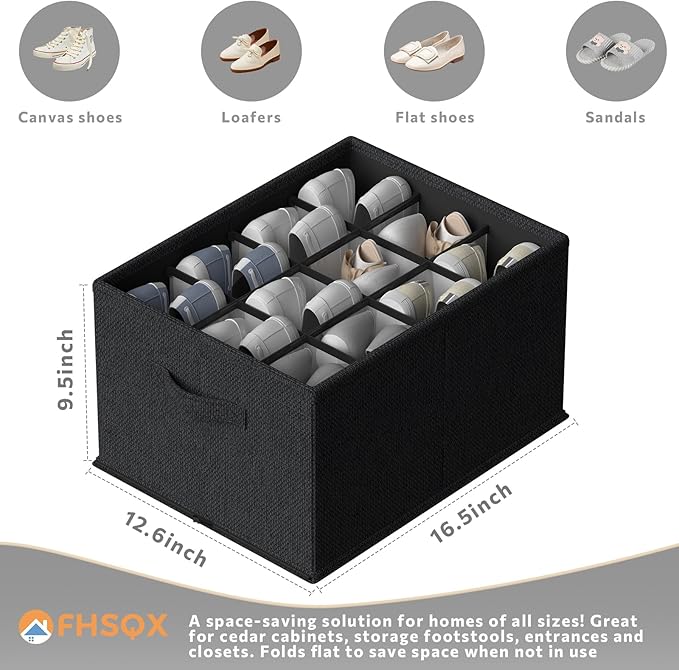 FHSQX 2 Pack Shoe Organizer for Closet,Foldable Shoe Organizer,Fits up to 24 Pairs,Storage Containers With Bottom Support for Shoes (Black, 16.5 * 12.6 * 9.5in)
