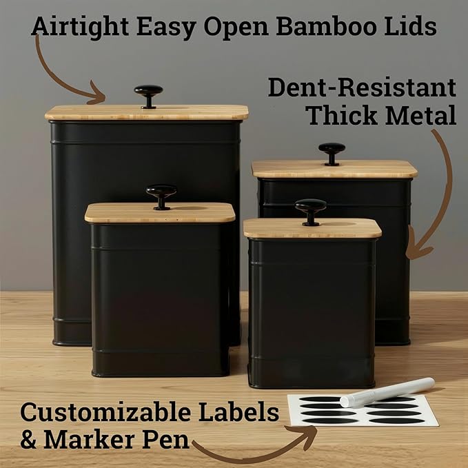 Kitchen Canisters for Countertop Set of 4 with Customizable Chalkboard Labels & Marker Pen - Big Iron Kitchen Canisters with Airtight Lids - Black Canister Set - Flour and Sugar Containers Farmhouse
