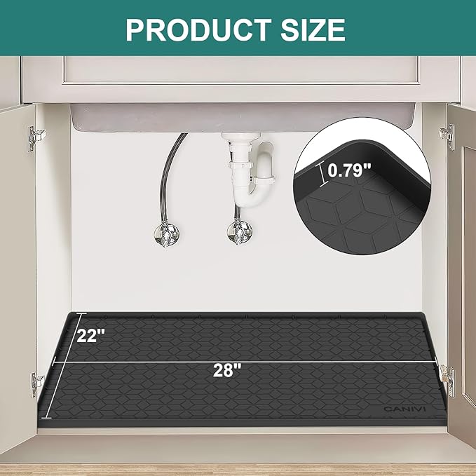 Under Sink Mat, 28" x 22" Waterproof Silicone Under Sink Tray for Kitchen & Laundry Cabinets, Kitchen Cabinet Shelf Protector, Up to 3 Gallons Liquid, Fits 36 inch Standard Cabinet (Black)