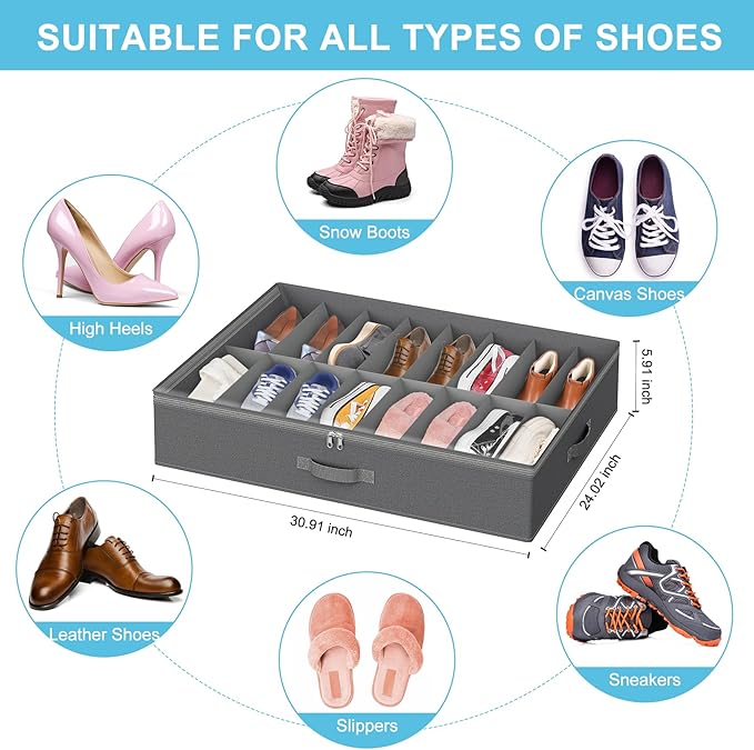 Under Bed Shoe Storage Organizer for Closet, Fits 32 Pairs Underbed Shoes Box Storage Containers Under the Bed Storage Foldable with Sturdy Handles&Clear Window for College Dorms Light Grey, Set of 2