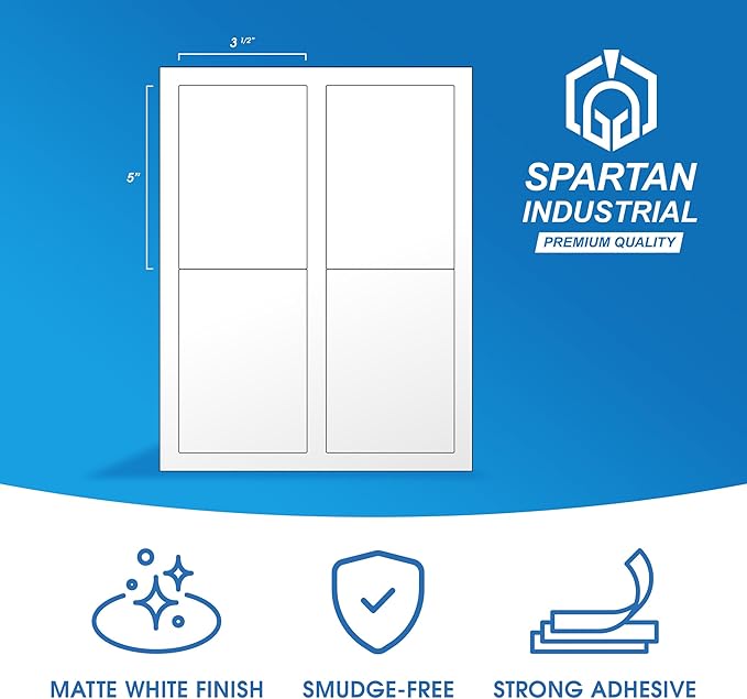 3 1/2" X 5" Matte White Printable Labels for Inkjet and Laser Printers - 100 Sheets, 400 Custom Stickers for Shipping Labels, Address Stickers, Organization - Spartan Industrial Template R016