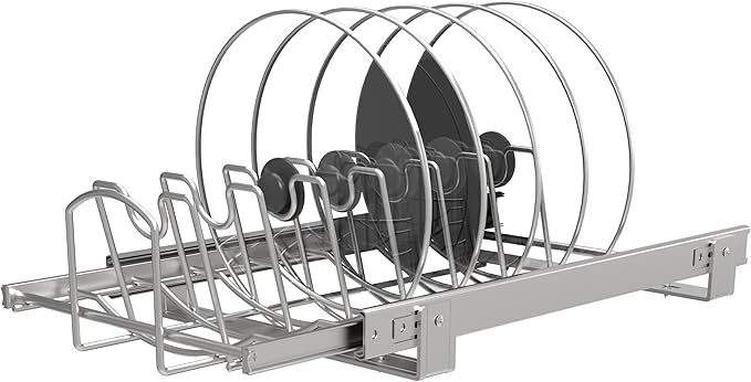Slide Out Pan and Pot Lid Organizer For Under Cabinet, Wire Dividers Kitchen Pull Out Pot Lid Rack Organization And Storage, Full-Extension Rail, 12" W X 20" D