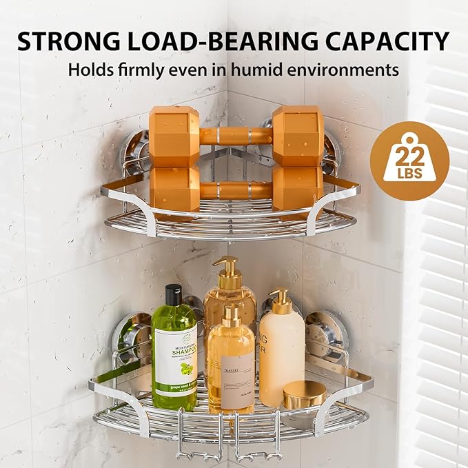 LEVERLOC 2 Pack Powerful Suction Cup Corner Shower Caddy, Stainless Steel Rustproof Shower Shelf with Hooks, Drill-Free Wall Mounted Bathroom Organizer, Large Capacity Removable Suction Basket, Silver