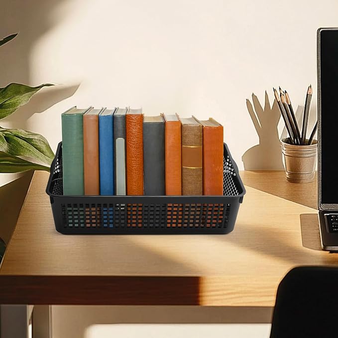 A4 Size Plastic Storage Basket Tray,6 Pack Plastic Paper Storage Trays,Desktop File Paper Letter Organizer Basket for Classroom, Office, Home (Black)